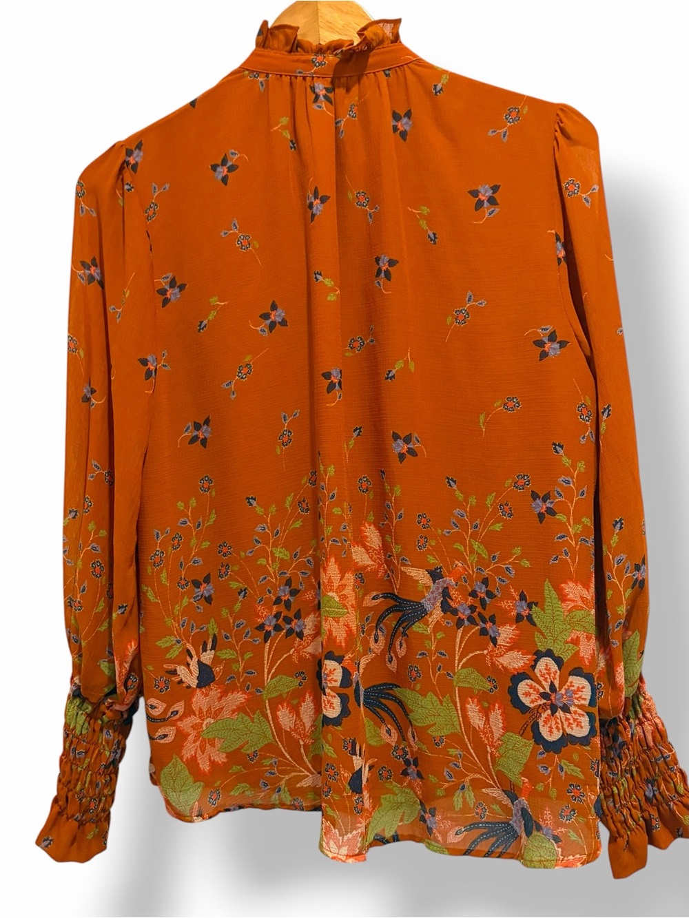 Anthropologie Maeve Orange Floral Boho Smocked Sleeve Blouse Top Size Medium - Picture 5 of 15